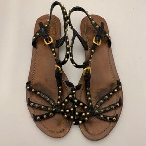 Size 39 / US9 Prada Venice Black Patent Leather T-Strap Studded Flat Sandals